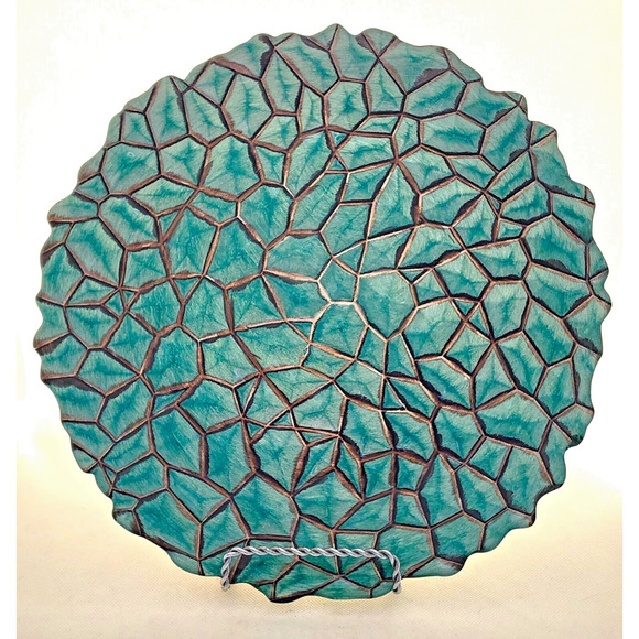 GLASS DECORATIVE DISH-Green Turquoise-Mosaic Pattern-Silver Back-12.5" Diameter - Picture 1 of 10